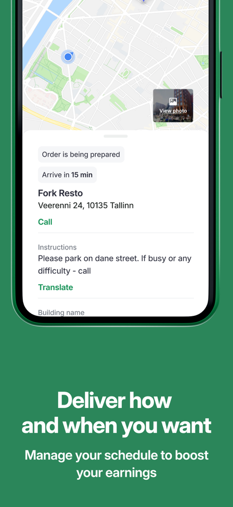 Bolt Food Courier app interface displaying a map and delivery details for a restaurant order.