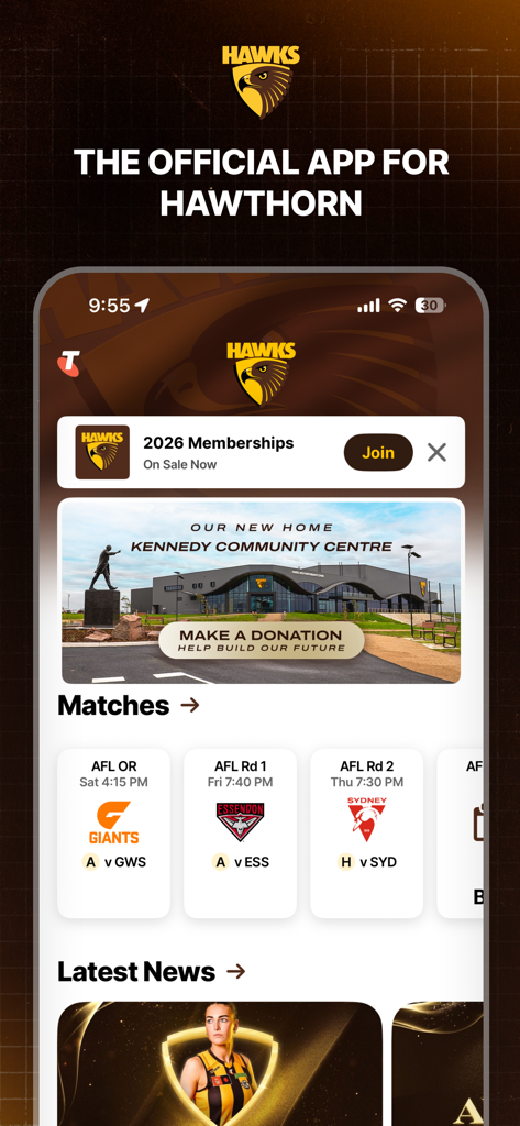 Pantalla de inicio de la app oficial de Hawthorn Hawks de la AFL con horarios de partidos y las últimas noticias