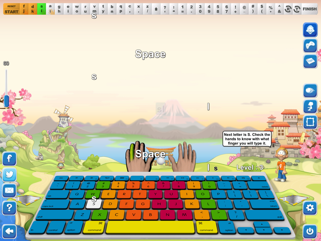 Typing Fingers - Typing Fingers app interface showing a color coded keyboard and hands guide for learning touch typing.