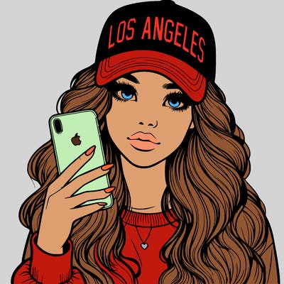 realistic beautiful girl wearing los ángeles cap holding an iphone