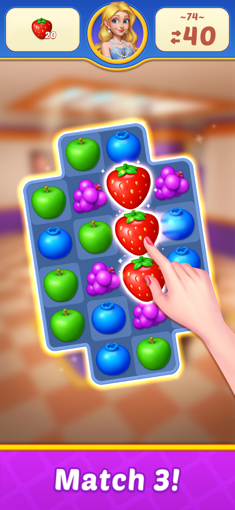 Fruit Diary 2: Match 3 Offline - A hand matching three strawberries in a Fruit Diary 2 match 3 puzzle game level.