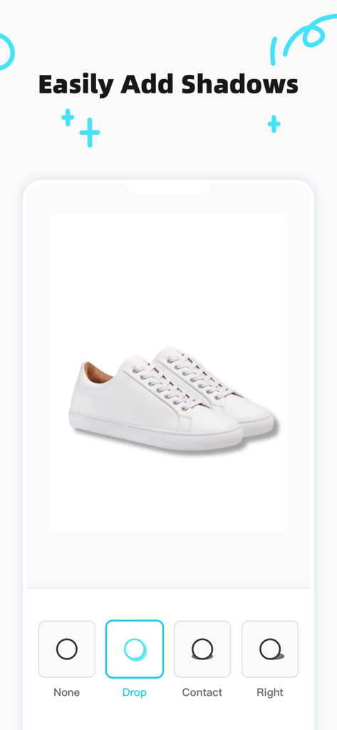 Interface of CocoAI app showing a pair of white sneakers with a professional drop shadow effect applied.