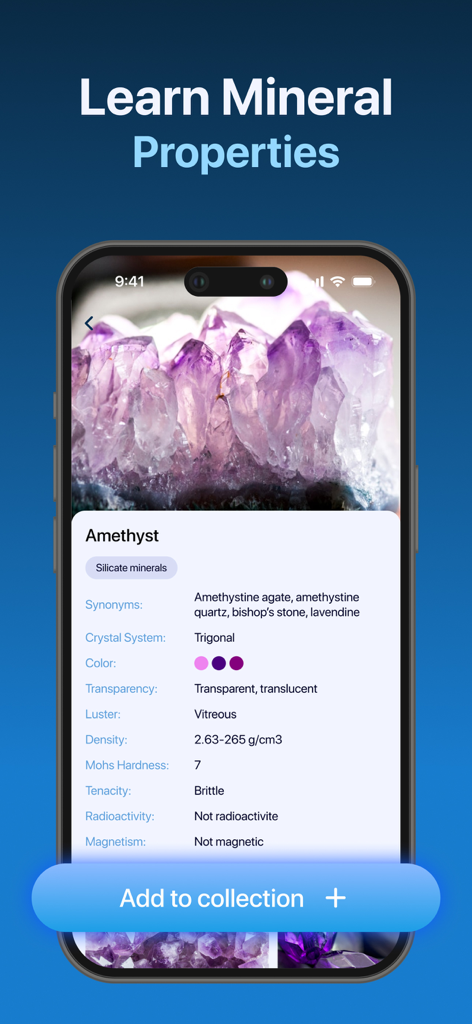 Rock Identifier ID - StoneScan - Pantalla de una aplicación móvil que muestra propiedades científicas detalladas de la amatista, incluida la dureza Mohs y el sistema cristalino