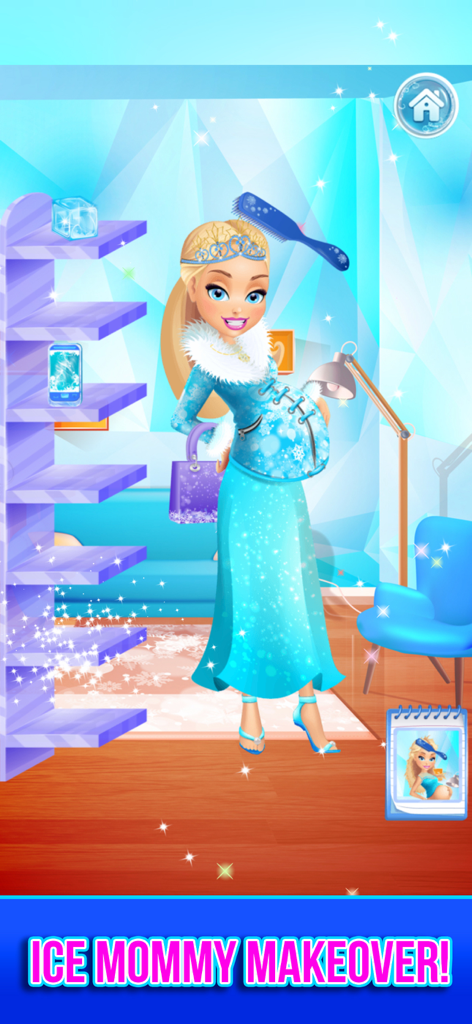 Pregnant Ice Queen Mommy in a sparkly blue dress for a winter makeover game.