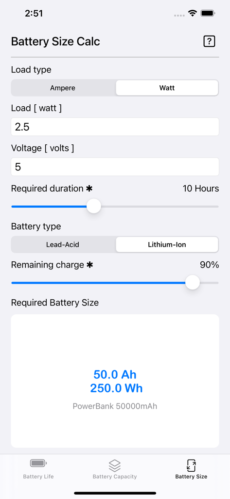 Battery size calculator interface showing required battery capacity in ampere hours and watt hours.