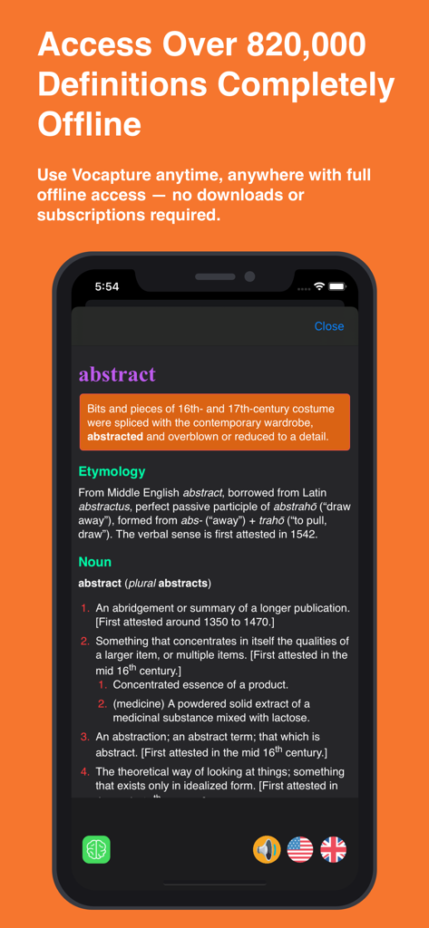 English Dictionary – Offline - Vocapture app screen showing a detailed English word definition and etymology