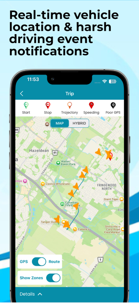 Vyncsアプリのトリップ画面。リアルタイムの車両位置と走行ルートを表示します。