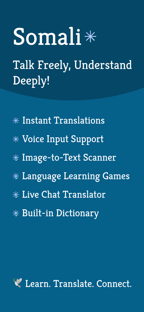 English to Soomaali Translator - Promotional screen for English to Soomaali Translator listing features like voice input image to text scanner and instant translations