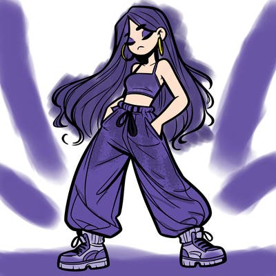 girl in baggy pants crop top and long hair