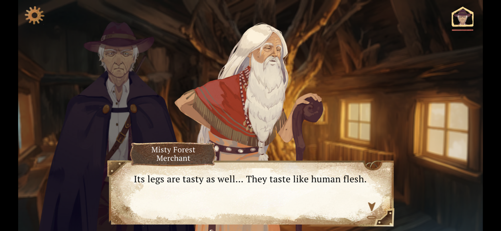 The Apocalypse Sacrifice - Una escena de diálogo de RPG retro al estilo de los 90 con el Mercader del Bosque Brumoso y un personaje con sombrero morado