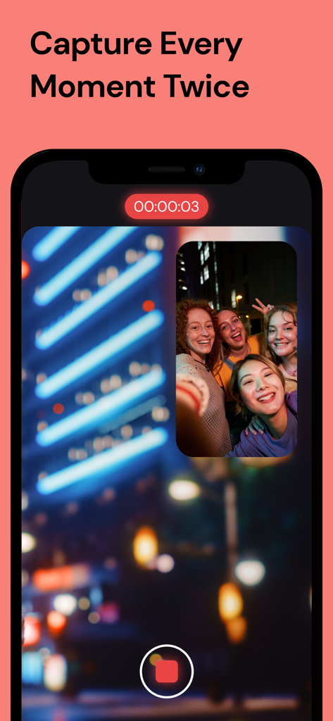 Una pantalla de smartphone que muestra la aplicación DoubleTake grabando un vídeo multicámara con una vista de imagen en imagen de cuatro amigos.