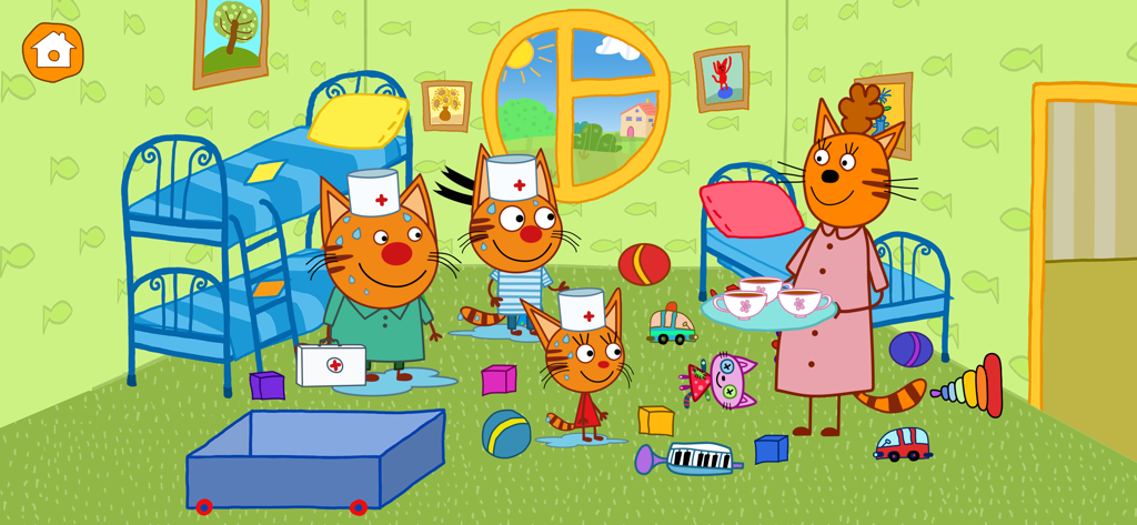 Kid-E-Cats characters wearing doctor hats in a messy playroom being served tea by their mother