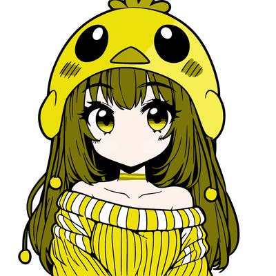anime girl with chick shaped hat with sweater with bare shoulders with bangs covering them one eye with low tail