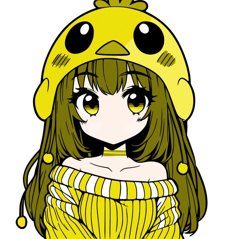 anime girl with chick shaped hat with sweater with bare shoulders with bangs covering them one eye with low tail