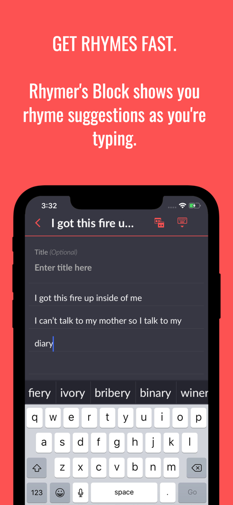 Rhymer's Block - A mobile screen showing the Rhymers Block app interface with real-time rhyme suggestions like fiery and ivory for typed lyrics
