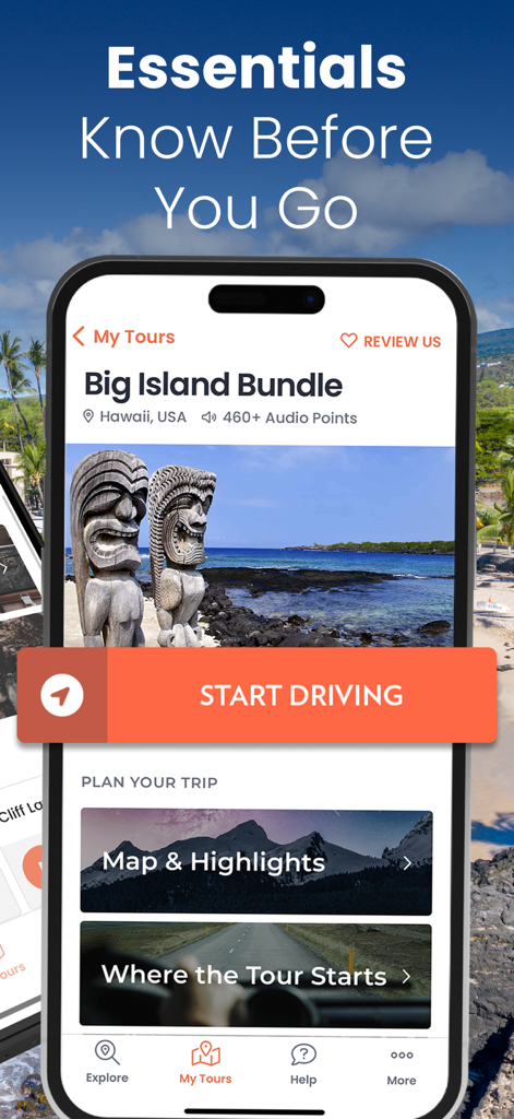 Big Island Hawaii Gypsy Guide - Interfaccia dell'app Big Island Hawaii Gypsy Guide che mostra il tour Big Island Bundle e un pulsante Inizia a Guidare.