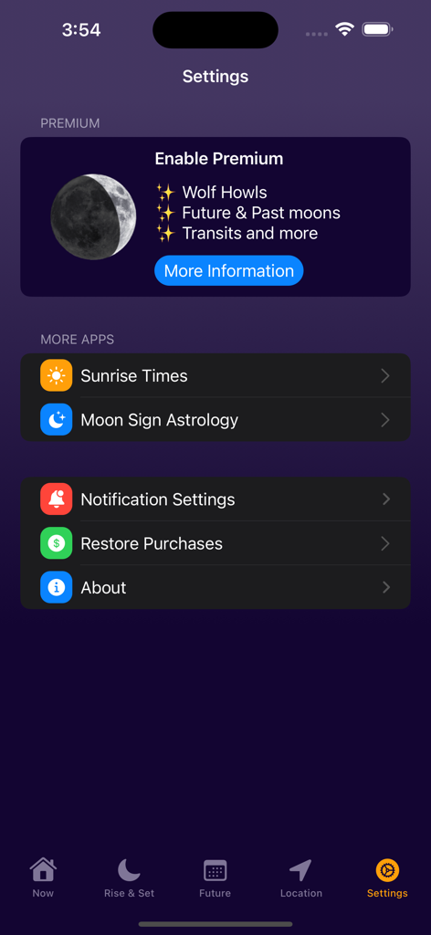 Pantalla de configuración de la aplicación Moon Phase Calendar Plus que muestra funciones premium y menú de navegación