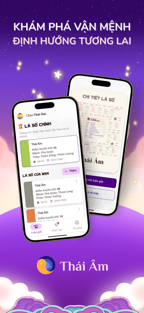 Two mobile phone screens showing Vietnamese Tu Vi astrology charts and mystic energy scores in the Thai Am app