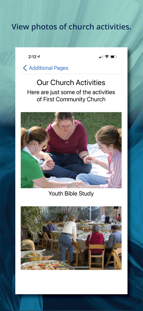 A screenshot of the Instant Church Directory app displaying a gallery of church activities including a youth bible study.