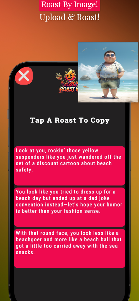 Roast Bot:AI Insult & Joke App - Screenshot of the Roast Bot app showing the Photo Roast feature with three AI generated insults for an uploaded picture of a boy at the beach.