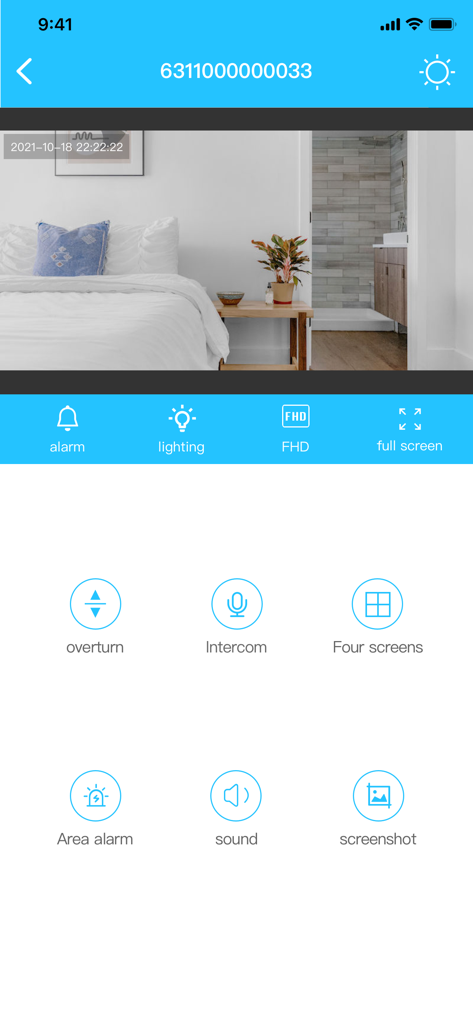 HIDVCAM - HIDVCAM mobile app interface showing a live security camera feed of a bedroom with remote control icons
