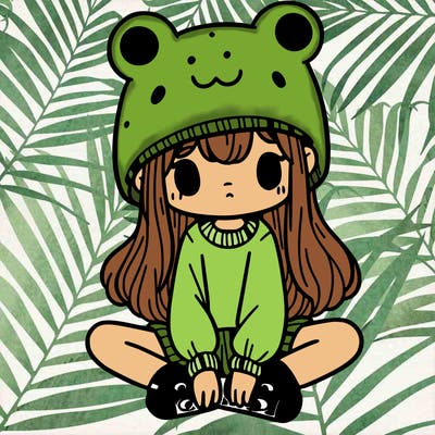 a girl wearing a frog hat and some frog socks