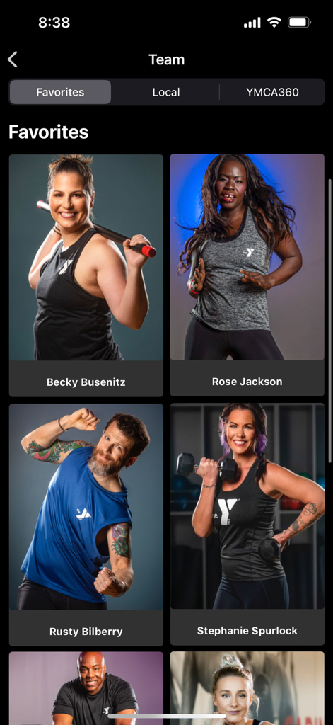 YMCA360 - Uma tela do aplicativo YMCA360 exibindo uma grade de instrutores de fitness favoritos, incluindo Becky Busenitz e Rose Jackson