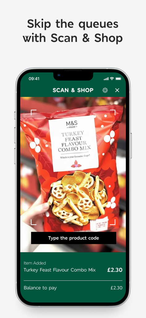 M&S - Fashion, Food & Homeware - A mobile phone displaying the Marks and Spencer app Scan and Shop feature while scanning a bag of snacks.