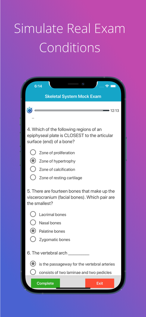 Skeletal System Quizzes - A timed mock exam screen within the Skeletal System Quizzes app featuring multiple choice questions about bone anatomy.