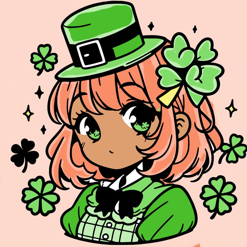 a manga-style girl with clovers around her, a little hat in her hair, like it's saint patrick's day