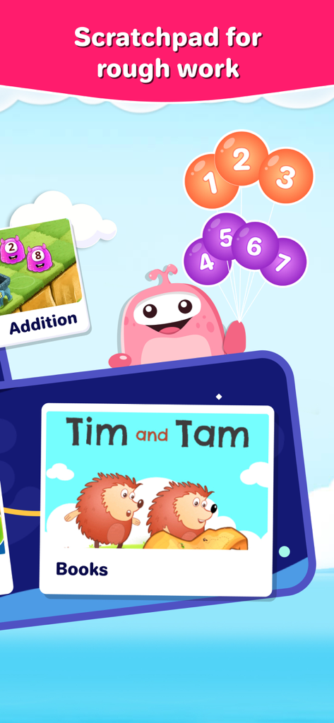 SplashLearn 1st grade educational app showing math addition games reading books and a scratchpad for rough work