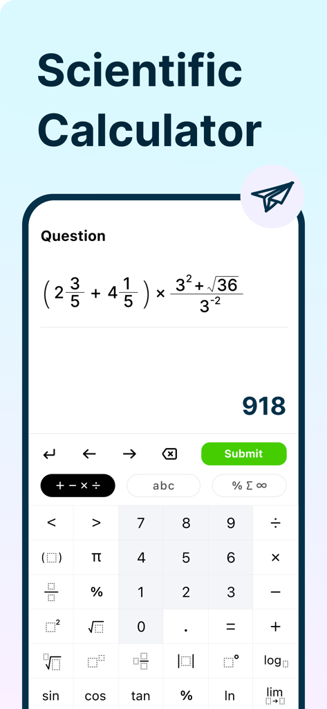 AI Math Solver App | KnowBuddy - KnowBuddy app scientific calculator interface showing a solved complex math equation