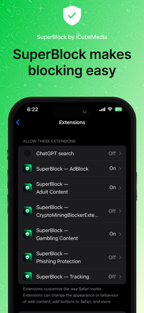 iPhone screen showing SuperBlock Safari extensions settings with AdBlock and Gambling Content filters enabled