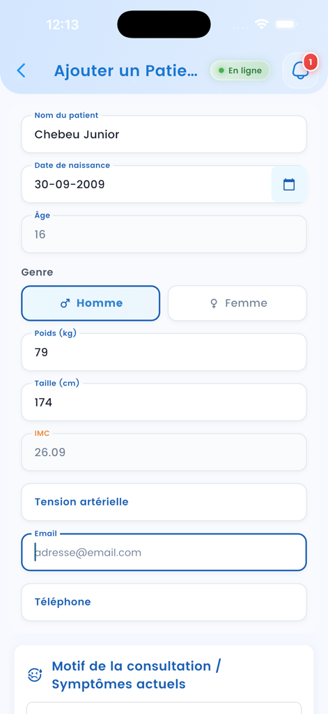 MedReport - MedReport mobile app screen for adding new patient details and health vitals