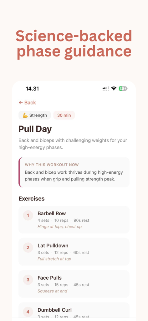Rasa: Cycle Sync Fitness - A strength training workout screen in the Rasa app featuring Pull Day exercises tailored to high-energy cycle phases.