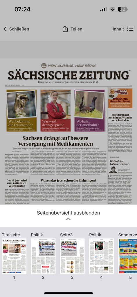 SZ E-Paper App-Oberfläche, die die digitale Replik der Titelseite der Sächsischen Zeitung anzeigt