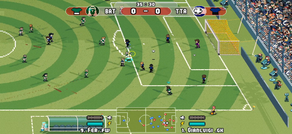 Gameplay screenshot of a retro pixel art soccer match featuring players on the field and an arcade-style scoreboard.