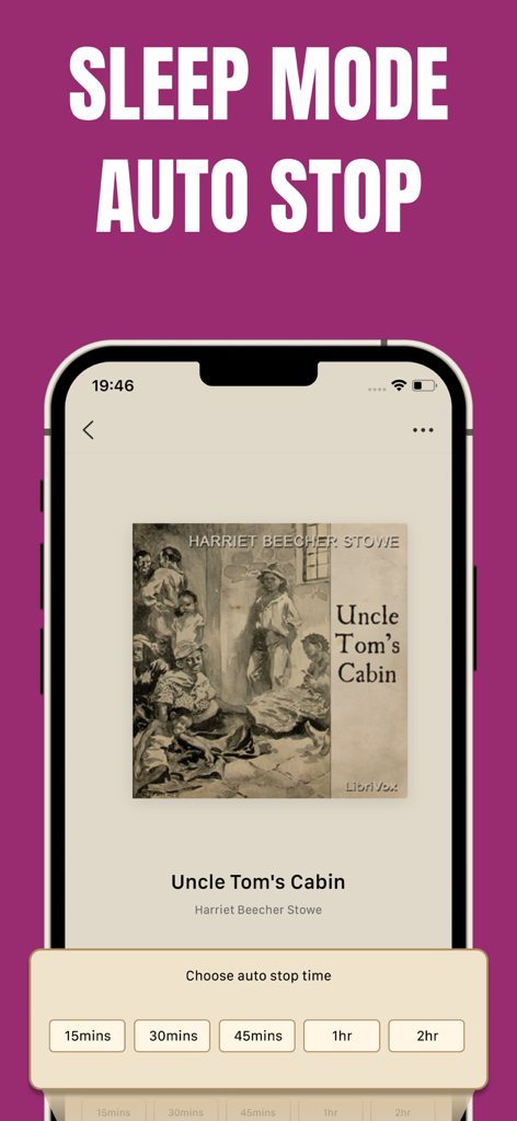 Gutenberg app interface showing sleep mode auto stop timer options for an audiobook
