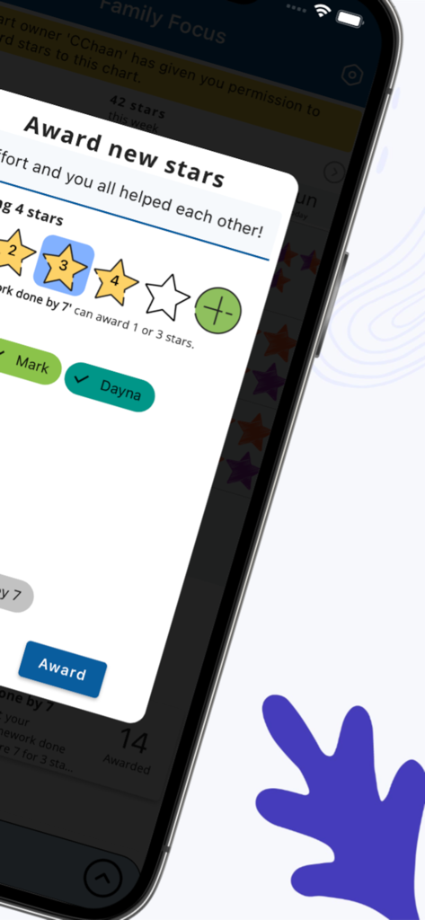 Starbright Charts - Una interfaz móvil para otorgar estrellas a los niños por comportamiento positivo en la aplicación Starbright Charts.