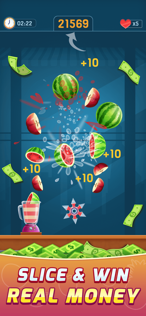 Fruit Splash: Slice & Win Cash - Gameplay of Fruit Splash showing sliced fruits and real money rewards