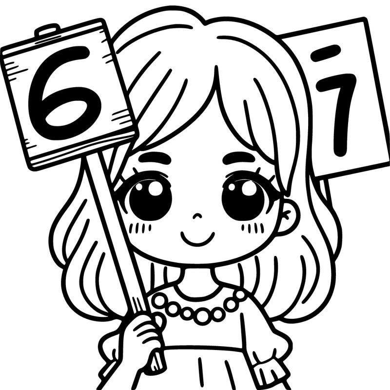 a girl holding a sign that says 6 7