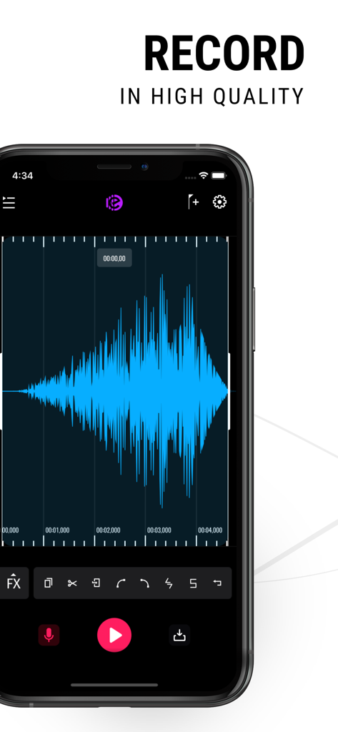 Edity-Audio & Music Editor Lab - Smartphone screen showing high quality audio recording with a blue waveform in the Edity app