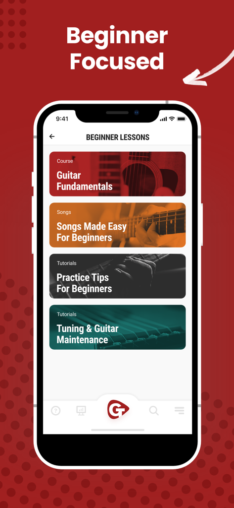 Guitar Lessons - Guitar Tricks - Una pantalla de aplicación móvil para lecciones de guitarra para principiantes que presenta fundamentos, canciones fáciles y consejos de práctica.