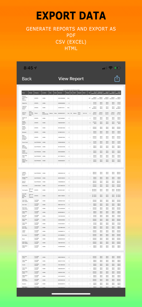 Smarter Inventory - Interface for generating and exporting detailed inventory reports as PDF or CSV files