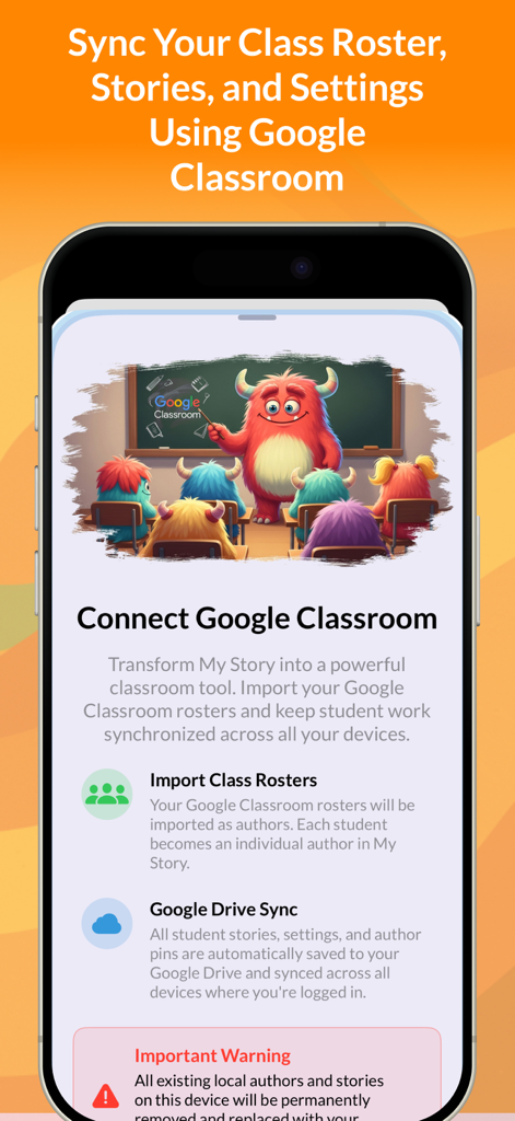 My Story School eBook Maker - Smartphone screen showing Google Classroom integration for syncing class rosters and student stories in My Story School eBook Maker.