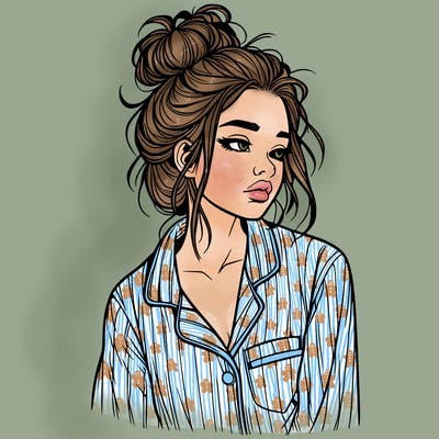 realistic woman with pajamas on and a messy bun