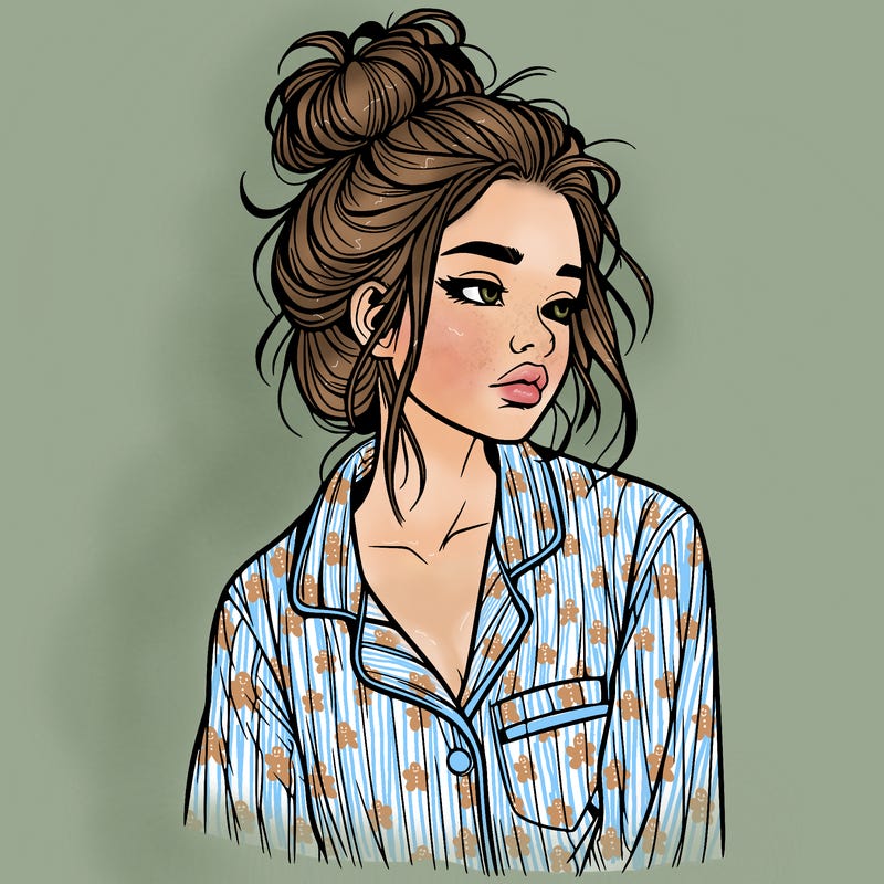 realistic woman with pajamas on and a messy bun