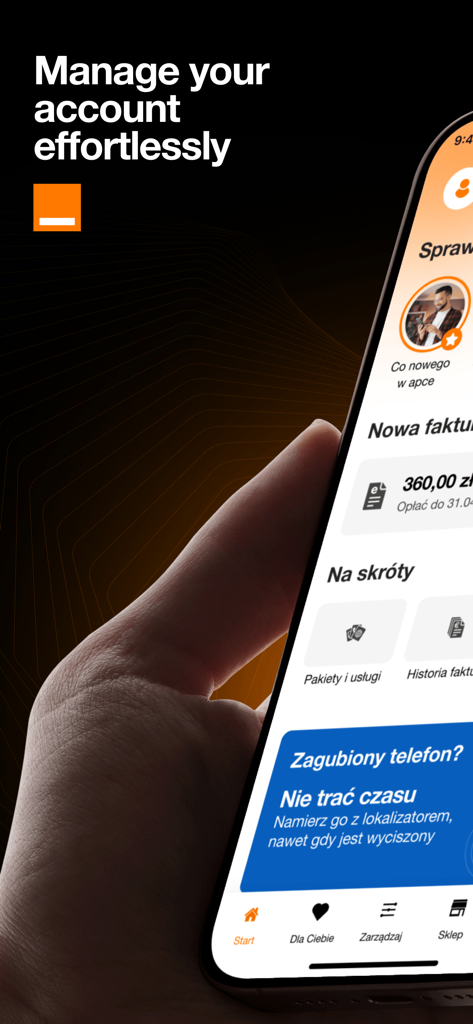 Mój Orange - Smartphone mostrando el panel de la aplicación Moj Orange para gestionar facturas y servicios