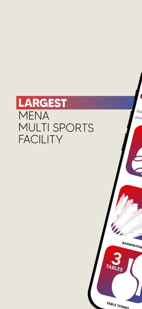 Danube Sports World - Mobile app interface showing various sports booking options including badminton and table tennis at a large multi sports facility