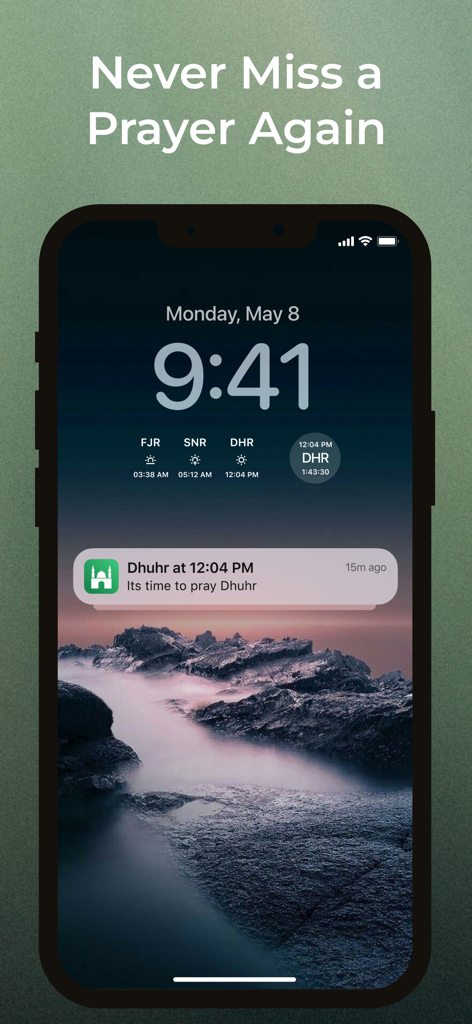 iPhone lock screen displaying prayer time widgets and a Dhuhr prayer notification banner